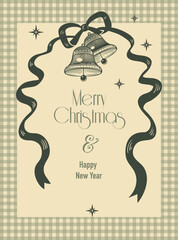 Christmas bells with ribbons. Christmas card. Frame gingham. Vintage. Vector.