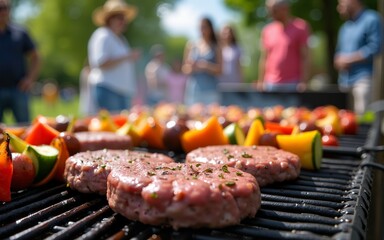 Outdoor barbecue scene featuring grilled burgers and vegetable skewers sizzling on a grill, indicating a lively gathering or festive cookout happening under sunny skies. High quality