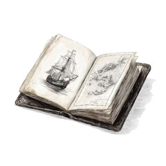 Antique Book with Ship and Map Illustration