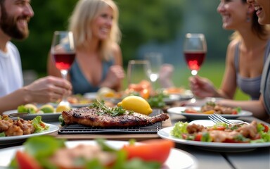 Backyard dinner table have a grilled barbecue meat, Salads and wine with happy joyful people on background. High quality