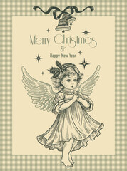Сute angel, Christmas bells and ribbon. Frame gingham. Christmas card. Vintage. Vector
