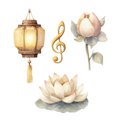 Watercolor Lotus, Lantern, and Treble Clef