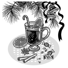 Christmas drink. Mulled wine and spices. Black and white Illustration. Vintage. Vector.