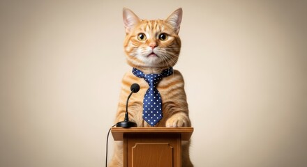 Funny Cat in Tie Speaking at Podium - Business Meeting, Presentation, Conference