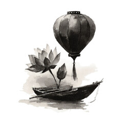 Watercolor boat, lotus, and lantern