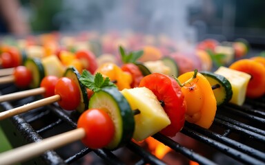 Grilling colorful vegetable skewers at summer barbecue outdoor event food photography vibrant atmosphere close-up culinary delight. High quality