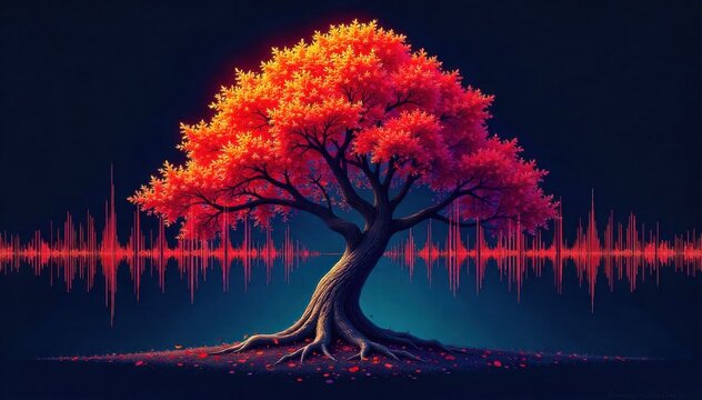 Sonic Tree A stylized, abstract representation of a maple tree composed of soundwave patterns and wood grain. An abstract, digital artwork depicting a stylized maple tree. The trunk and branches are