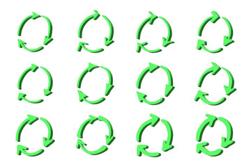Set of 3d recycle arrow icon Recycling resources symbol Reuse of materials, zero waste, green environment, saving the planet