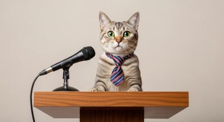 Funny Cat in Tie Speaking at Podium with Microphone - Business Meeting, Presentation