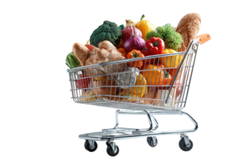 Overflowing shopping cart filled with fresh produce and bread