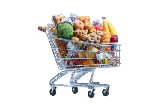 Full grocery cart overflowing with various fresh foods and packaged goods
