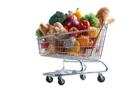 Overflowing shopping cart filled with fresh produce and bread