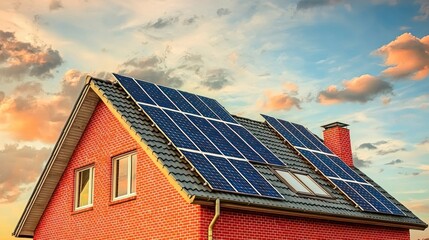 Solar Panels on Residential Roof Under Sunset Sky Renewable Energy and Sustainable Living