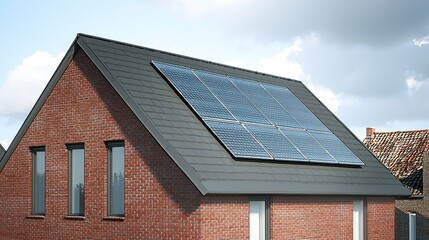 Fototapeta premium Solar panels on a red brick house roof, promoting green energy and sustainable living