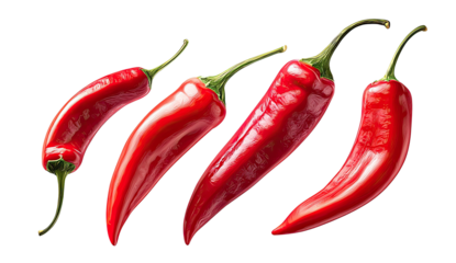 Vibrant red chili peppers with glossy skin, isolated on black