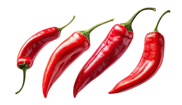 Vibrant red chili peppers with glossy skin, isolated on black