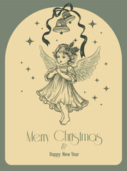 Arched frame, cute angel, Christmas bells and ribbon. Christmas card. Vintage. Vector