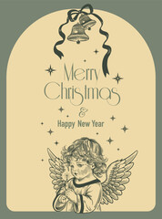Arched frame, cute angel, Christmas bells and ribbon. Christmas card. Vintage. Vector