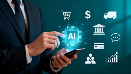 Businessman Using AI on Phone for E Commerce and Finance Management, Featuring Digital Icons Against a Teal Background