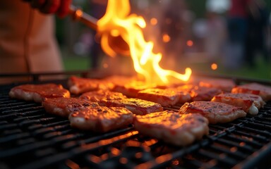 BBQ grill flames cooking marinated meat on summer evening, festive gathering. High quality