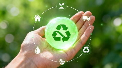 Hand Holding Green Recycle Symbol Globe, Sustainability and Environment Concept Energy Efficiency, Renewable Resources, Eco Friendly Practices in Nature