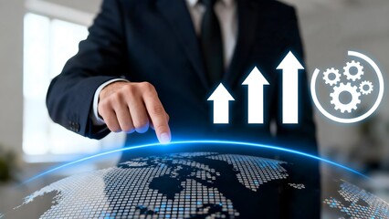 Businessman touching digital globe with growth arrows and gears, symbolizing global business expansion, technological advancement, and strategic development in a modern,