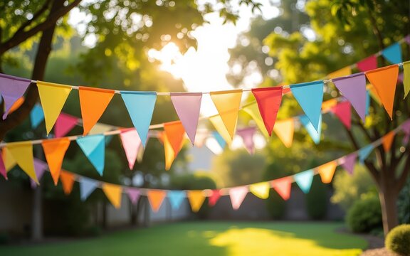 Brightly colored bunting flags and cheerful party streamers hang between trees in a sunlit backyard, setting a joyful mood for a summer gathering with friends and family. High quality