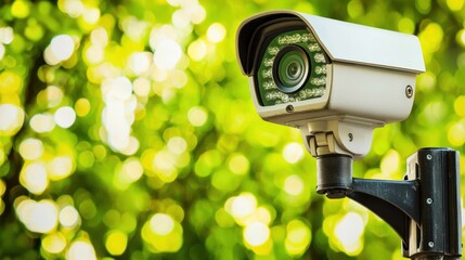 Outdoor security camera mounted on a pole, capturing footage of a lush green garden with soft bokeh lights