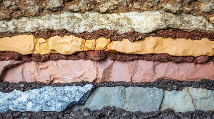 oud. Geological core samples displaying layered sedimentary rock strata in earth tones. STEM education sheets, lab safety posters, designed for biotech research communications.