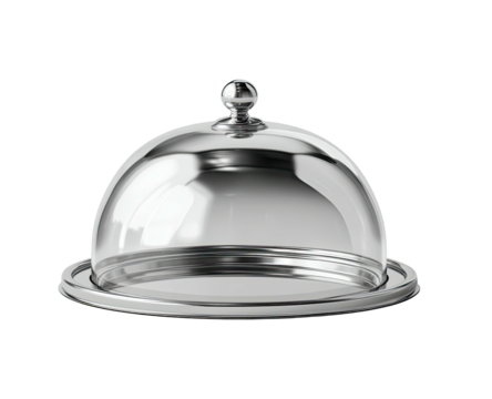 Gleaming silver platter with clear glass dome lid, serving food