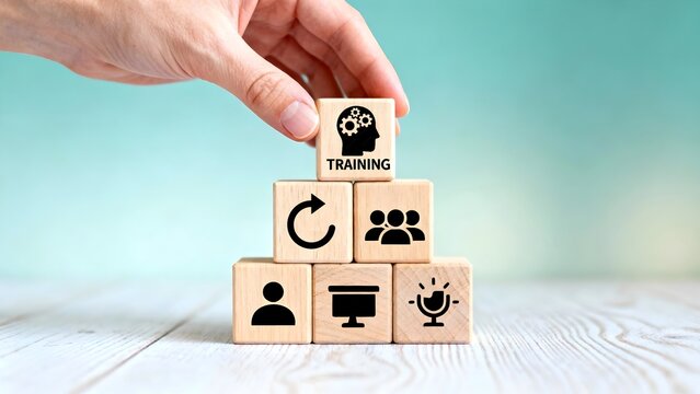 Hand Placing Training Block on Wooden Blocks Pyramid, Business Skills Development, Education, on Light Background, Coaching Concept, Learning and Growth - Powered by Adobe
