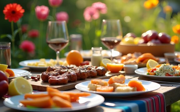 A vibrant outdoor dining setup featuring delicious grilled food and colorful flowers. Perfect for summer gatherings and family barbecues. Enjoy the sun. Generative AI. High quality - Powered by Adobe