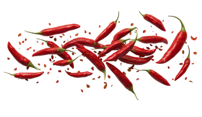 Vibrant red chilies scattered and floating against a black background