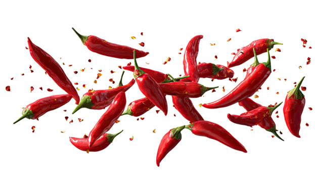 A dynamic cascade of vibrant red chili peppers against a dark background