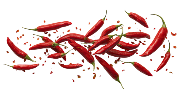 Vibrant red chilies scattered and floating against a black background