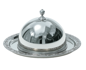 Shiny silver serving dish with ornate patterned edge