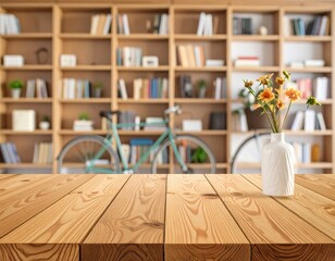 Wood table before books, bicycle, and flowers in a white vase