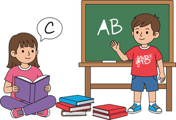 Cute Cartoon Students Learning Alphabet, with a Boy Pointing to the Blackboard and a Girl Reading Books, Representing Primary Education and Classroom Activities.