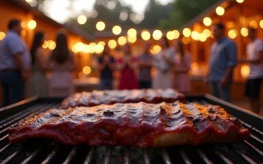 Juicy grilled ribs rest on the barbecue as friends and family enjoy a joyful outdoor gathering filled with twinkling lights. The atmosphere radiates warmth and delight in the evening air.