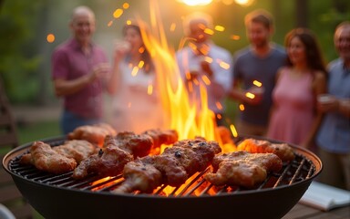 Stars and Stripes BBQ Bash Serene outdoor gathering with warm sunlight. Grill and Fireworks Family Night. High quality