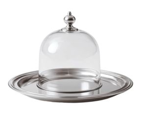 Gleaming silver platter with clear glass cloche dome
