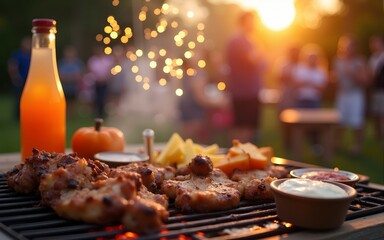 Stars and Stripes BBQ Bash Serene outdoor gathering with warm sunlight. Grill and Fireworks Family Night. High quality