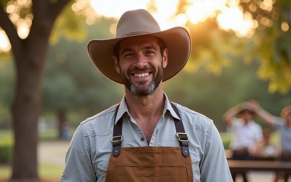 Happy man in cowboy hat at outdoor barbecue. High quality