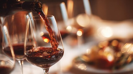 decanting. Elegant wine glasses with red wine during pouring in a fine dining setting. bar promotions, beverage menus, designed for product packaging and bar promotions, elevates brand perception.