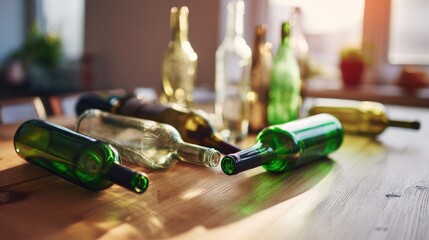 tennessine. Still life of empty wine bottles casually arranged on a wooden table. bar promotions, beverage menus, designed for food & beverage menus and cafe branding, used by architects.