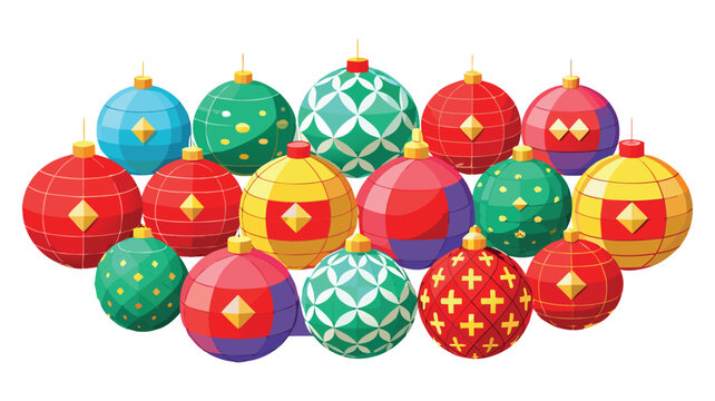 A group of sixteen colorful baubles decoration design isolated on a background.