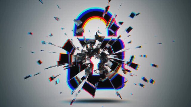 壊れたロックアイコンが揺らめく不安と脆さのグリッチアニメーション