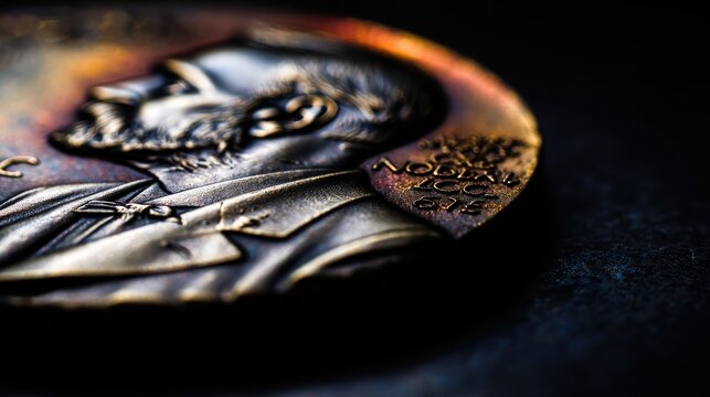 laureate. Close-up view of Nobel Prize medal showing engraved profile and inscriptions. event programs, museum guides, designed for cultural heritage projects and event programs.