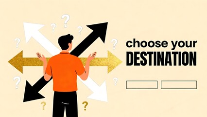 Confused man stands amidst arrows symbolizing decision making, career paths, and life choices Illustration on light beige background with question marks and "Choose Your 