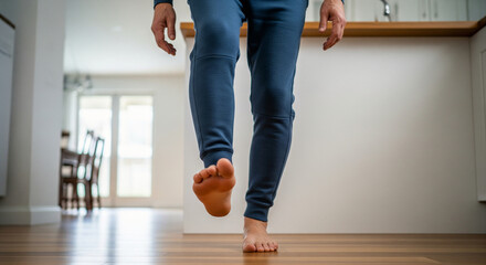 Low angle view of a person in sweatpants performing a single leg balance exercise barefoot on a wooden floor at home, focusing on stability and mindfulness